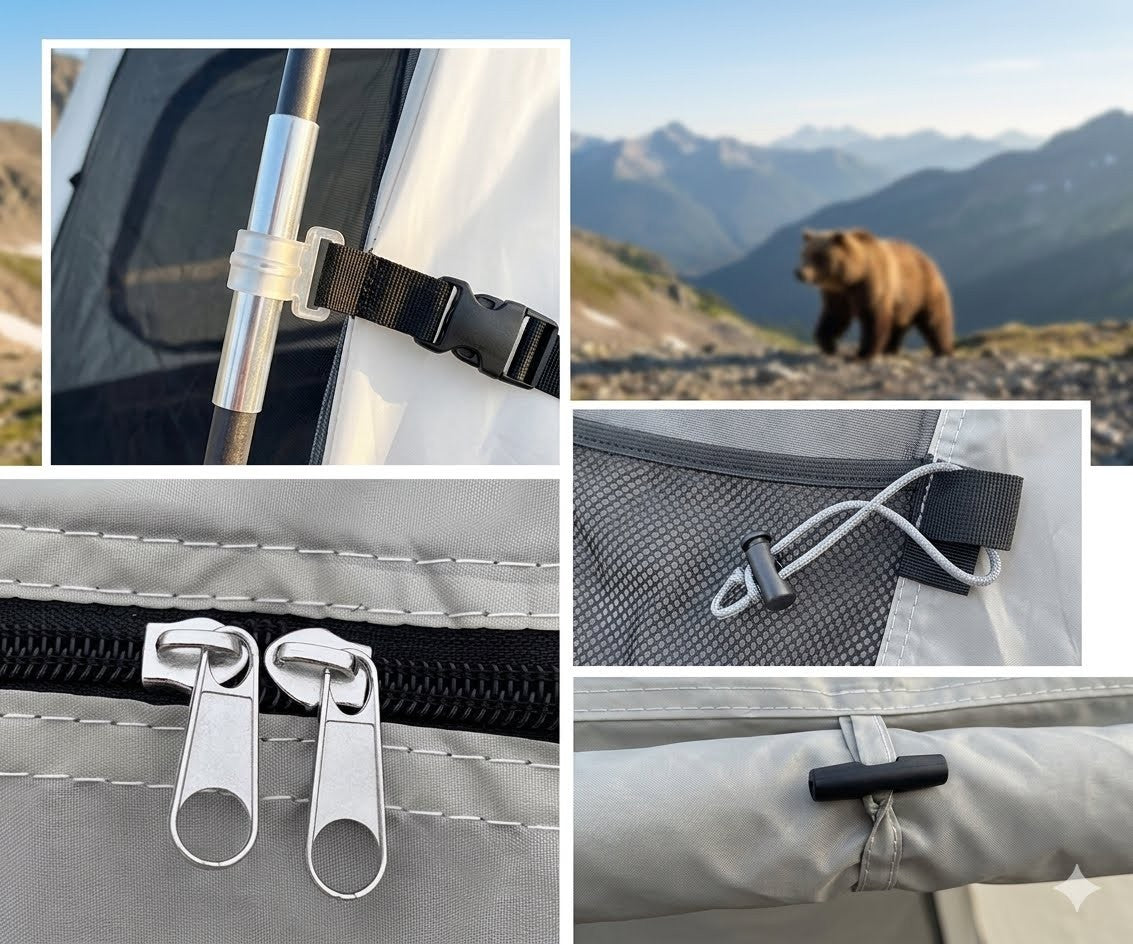 Collage of bear proof food storage system components with a bear in the background.