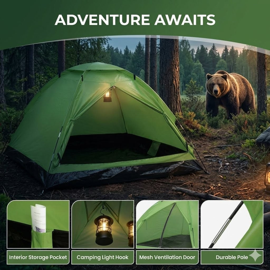 Green camping tent in a forest with a bear, surrounded by features of the tent.
