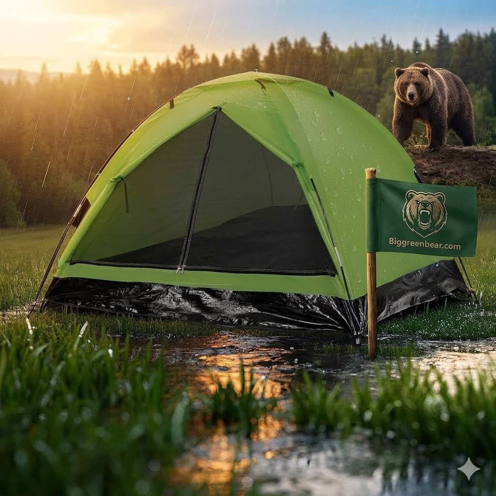 Green tent partially submerged in water with a bear in the background, featuring Biggreenbear.com branding.