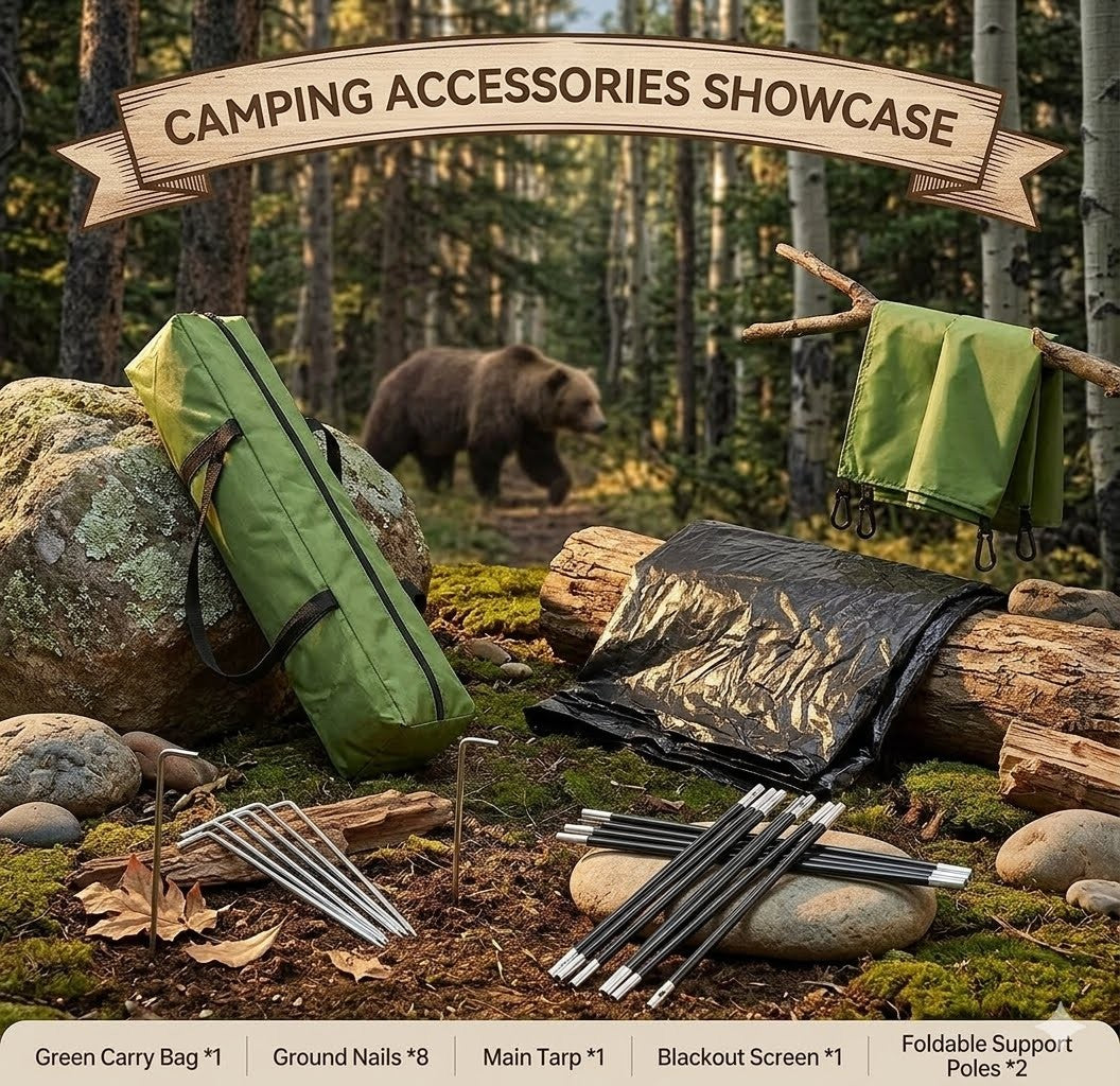 Camping accessories including a green carry bag, ground nails, main tarp, blackout screen, and foldable support poles with a bear in the background.