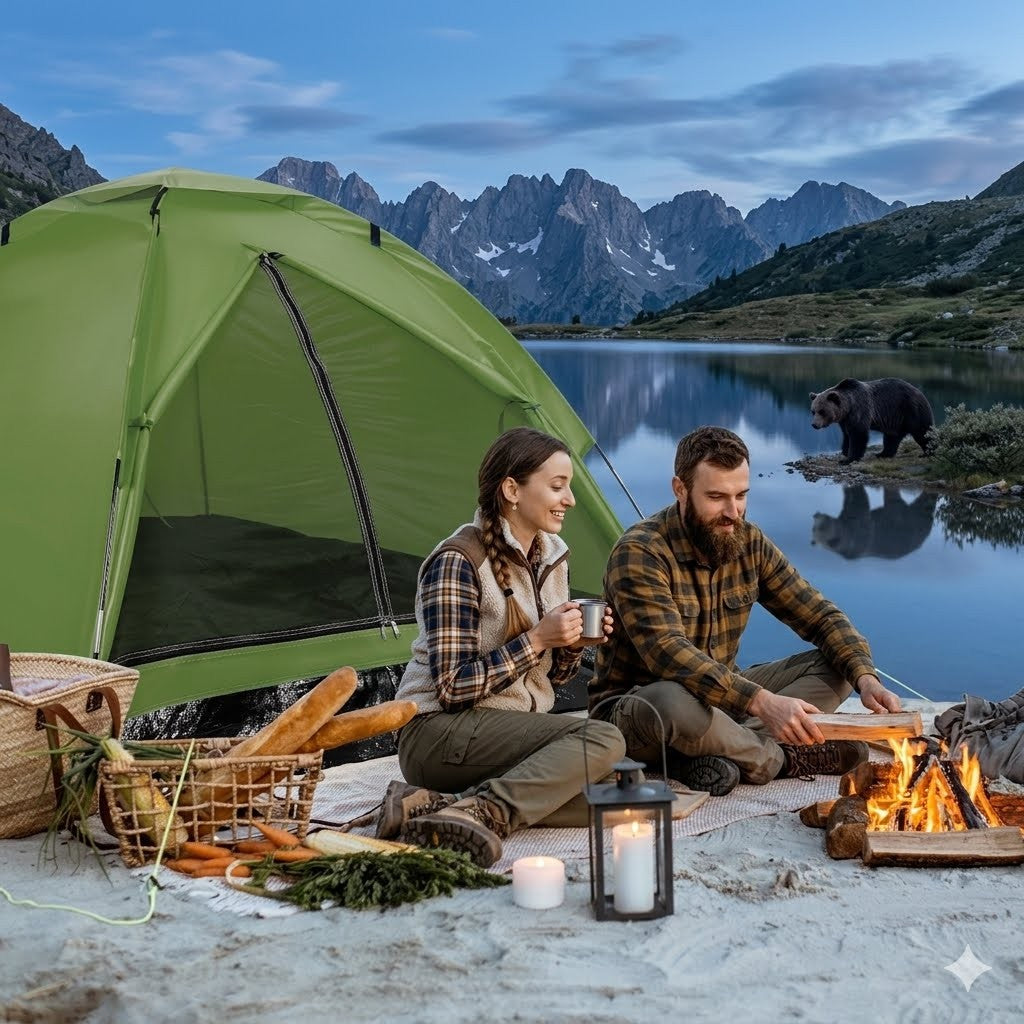 Two people camping by a lake with mountains in the background