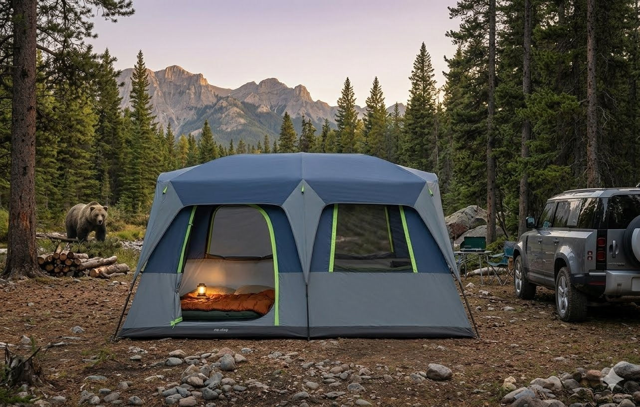 Camping tent set up in a forest with mountains in the background
