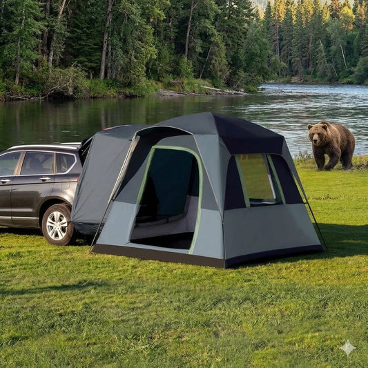 Camping tent attached to a vehicle by a lake with a bear in the background Big Green Bear