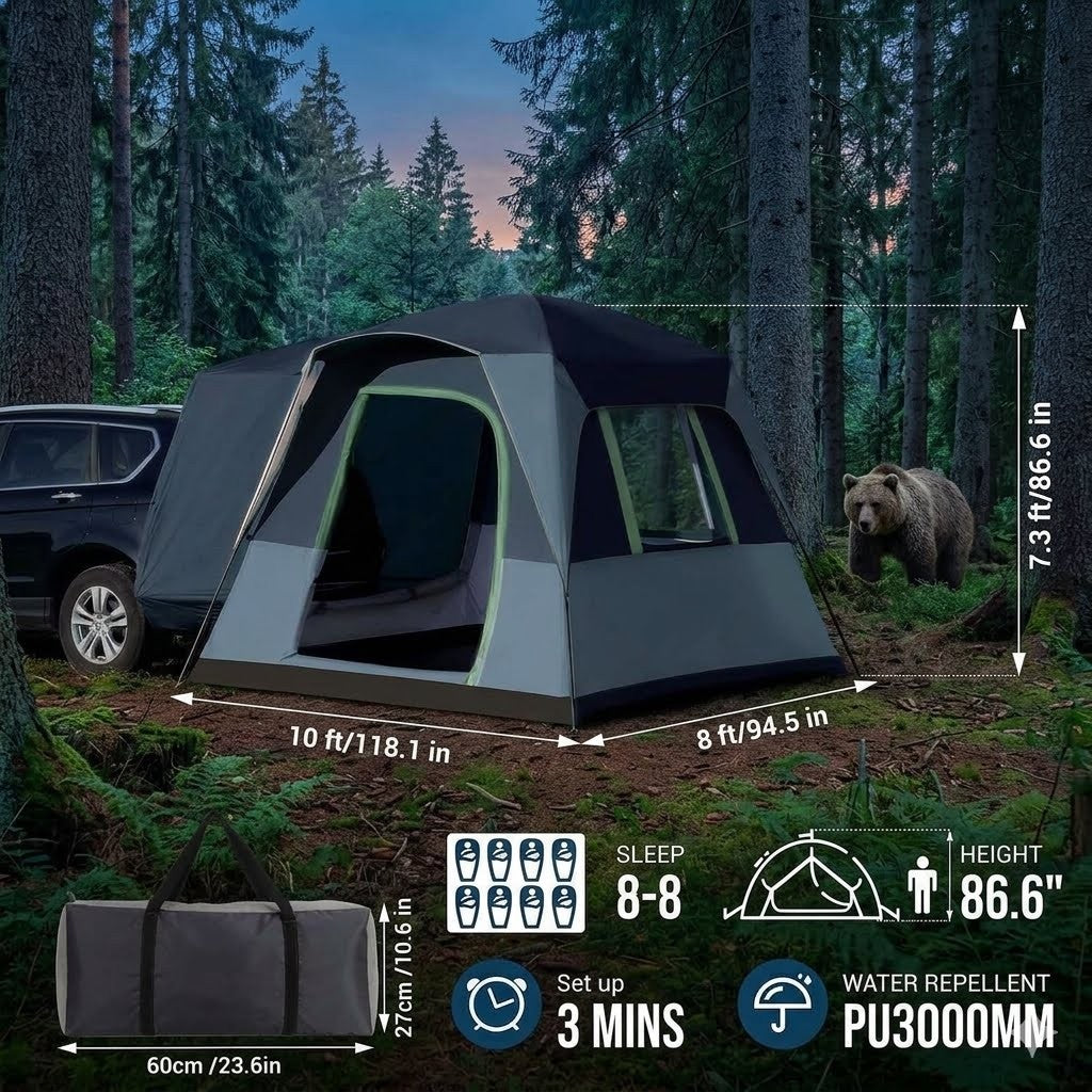 Camping tent in a forest with bear and vehicle, featuring dimensions and specifications.
