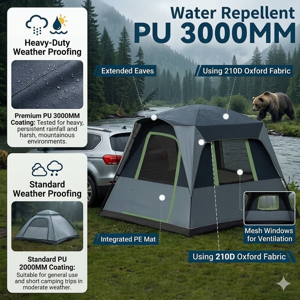 Tent with bear and car in the background, featuring water repellent properties and mesh windows.