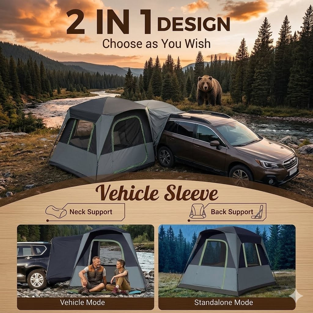 Two-in-one vehicle tent with car and bear in a forest setting