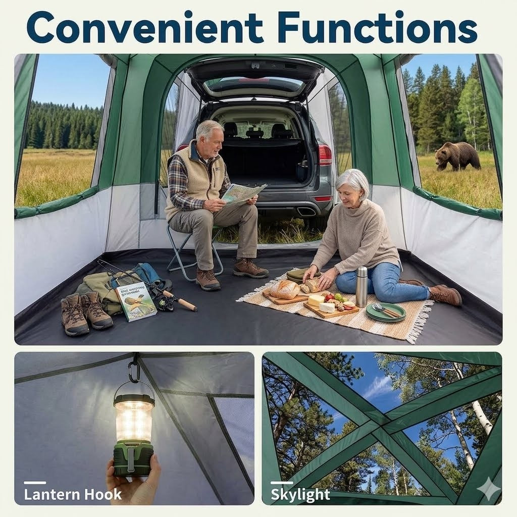 Two people sitting inside a tent attached to a vehicle with a bear in the background, featuring a lantern hook and skylight.