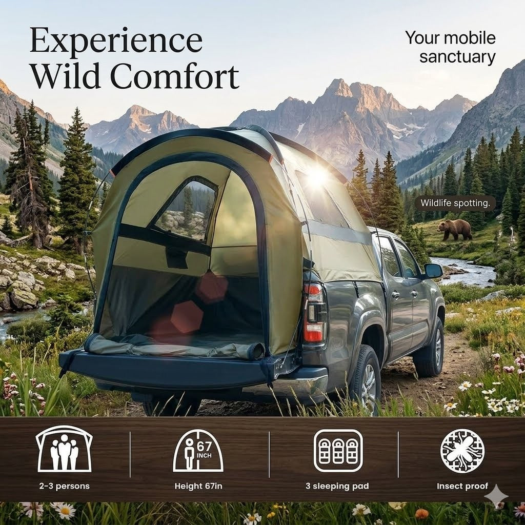 Car tent set up in a mountainous area with text highlighting features and benefits.