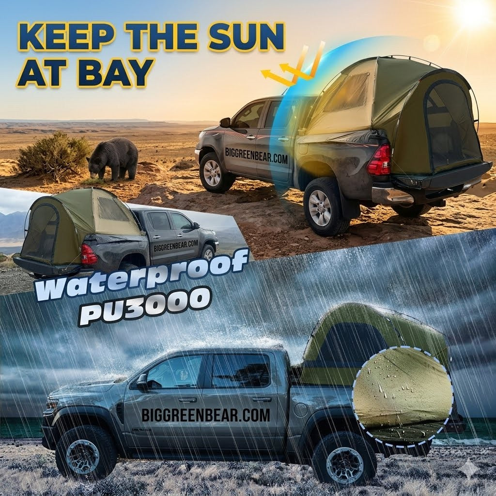 Camper truck with a green tent on a desert landscape, featuring text about waterproofing and a website.