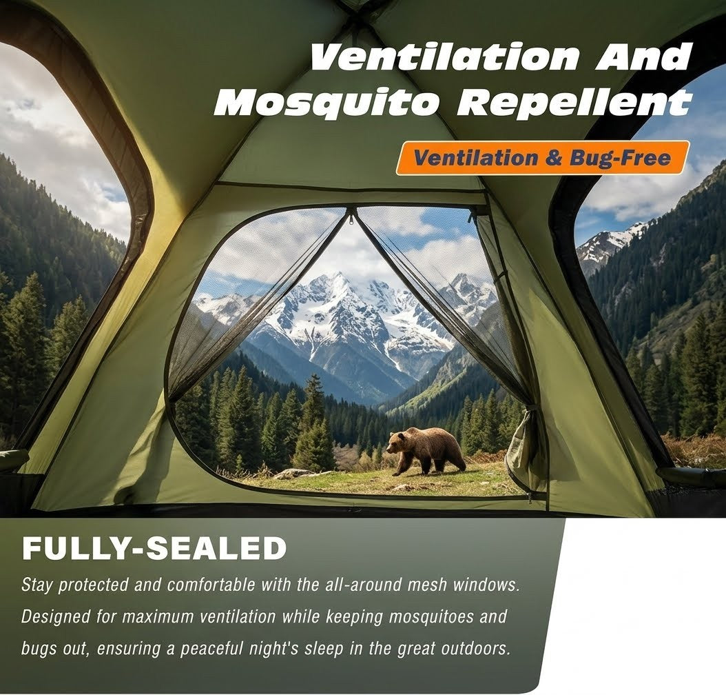 Camping tent with a bear and mountain view, featuring text about ventilation and mosquito repellent.