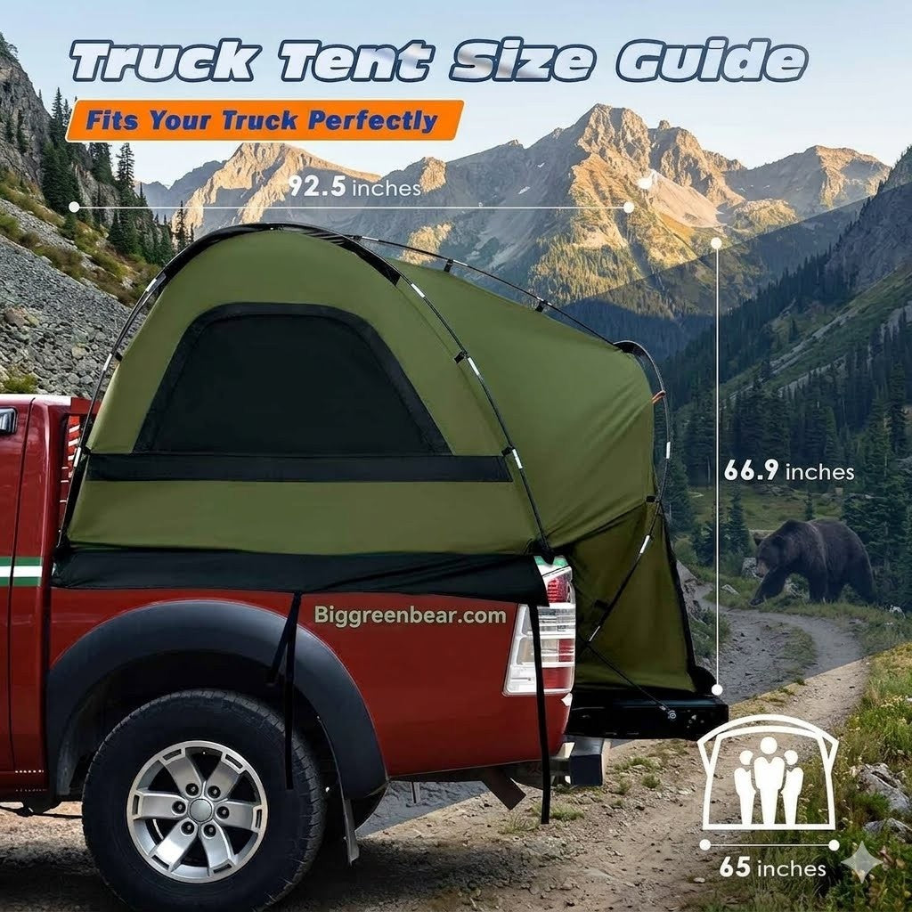Green truck tent on a red truck with mountain scenery in the background