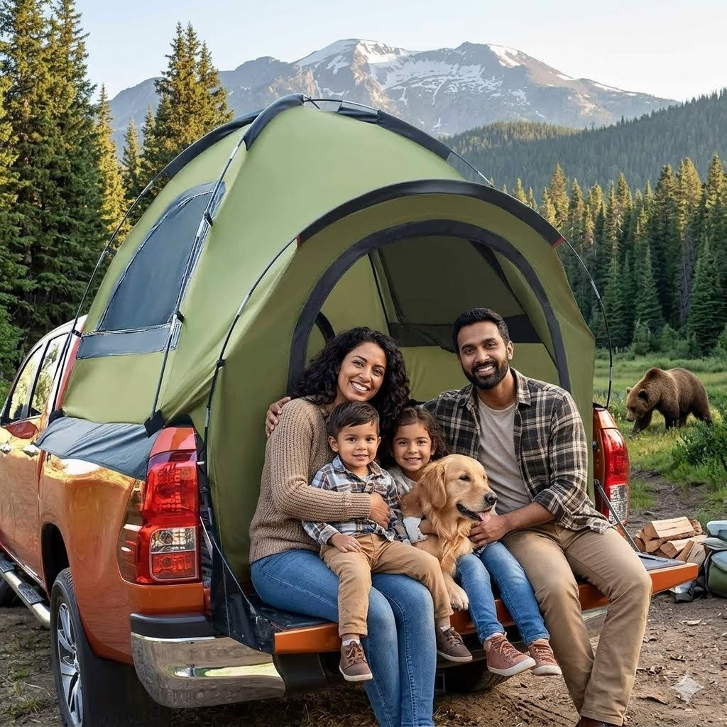 Family with children and a dog sitting in the back of a truck with a tent, surrounded by nature and a bear in the background.