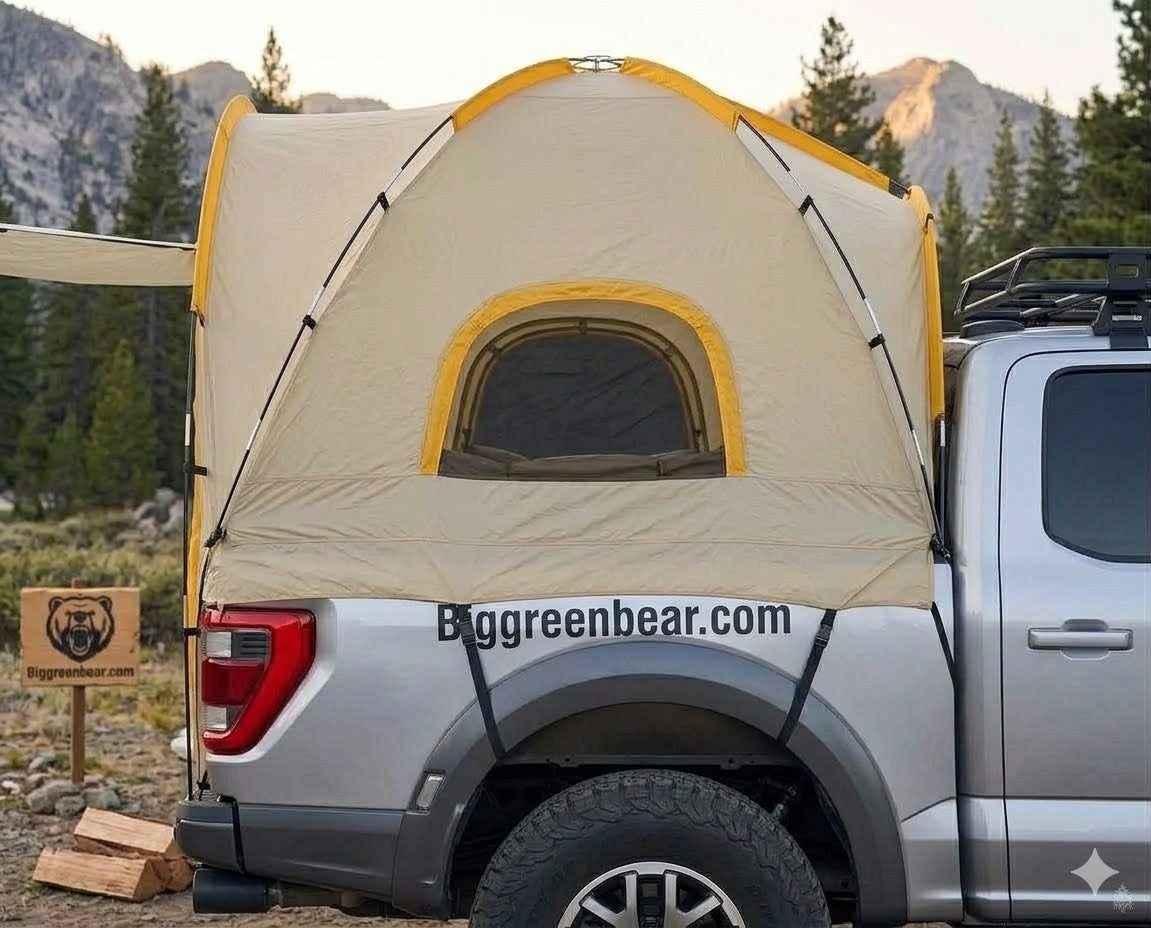 Beige and yellow tent attached to a silver truck with mountains and trees in the background.