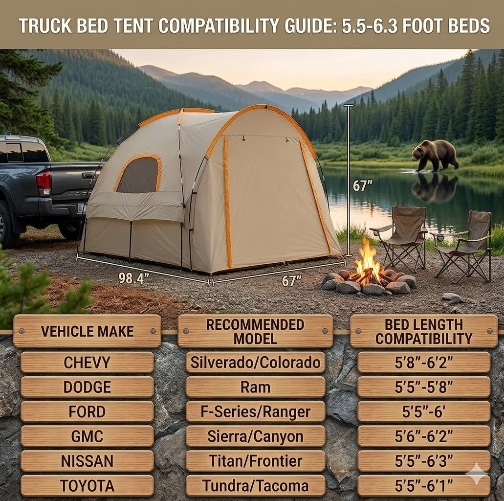 Truck bed tent compatibility guide with dimensions and vehicle compatibility chart in a camping setting.