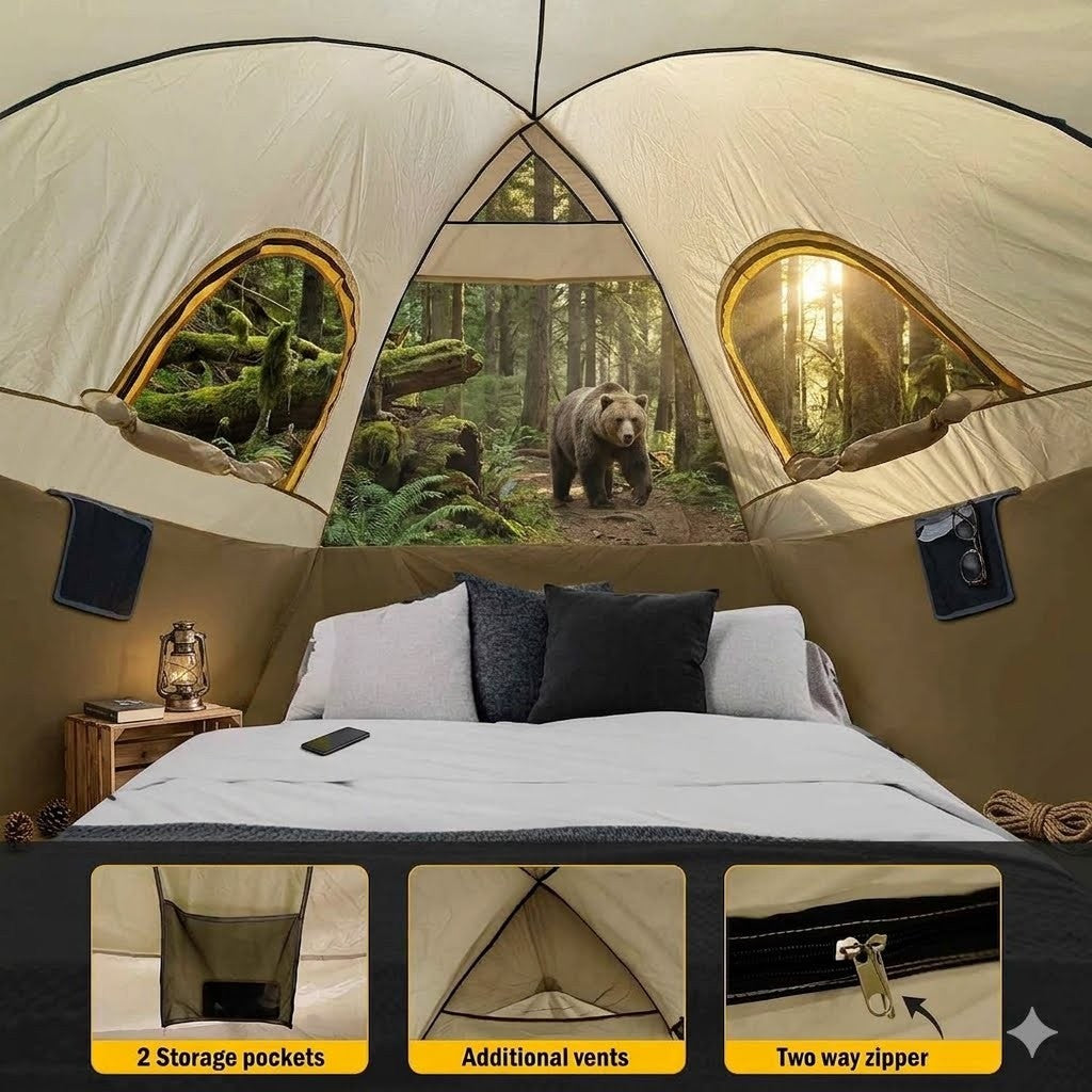 Camping tent interior with a bear in the forest view, bed, and storage pockets.