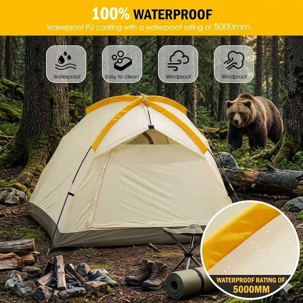 Beige camping tent with yellow accents in a forest setting, featuring a bear and outdoor gear.