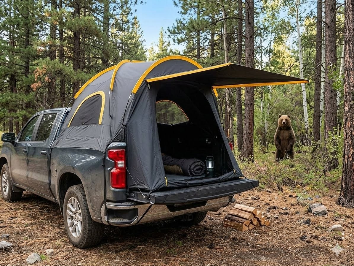 Truck with a tent attached in a forest setting, with a bear in the background.