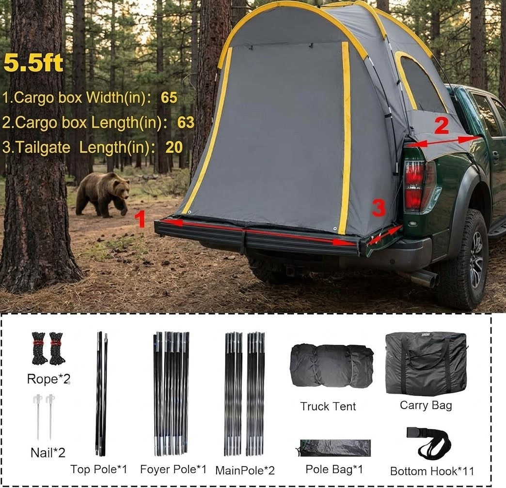 Gray truck tent attached to a vehicle with specifications and components displayed.