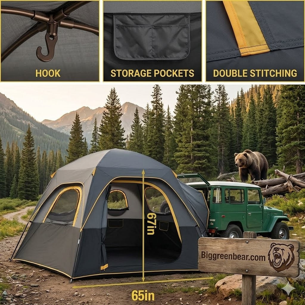 Camping tent with bear and jeep in forest, highlighting features like hook, storage pockets, and double stitching.