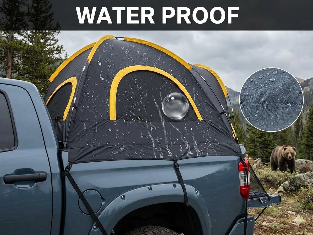 Tent on a truck bed with waterproof feature highlighted, bear in the background