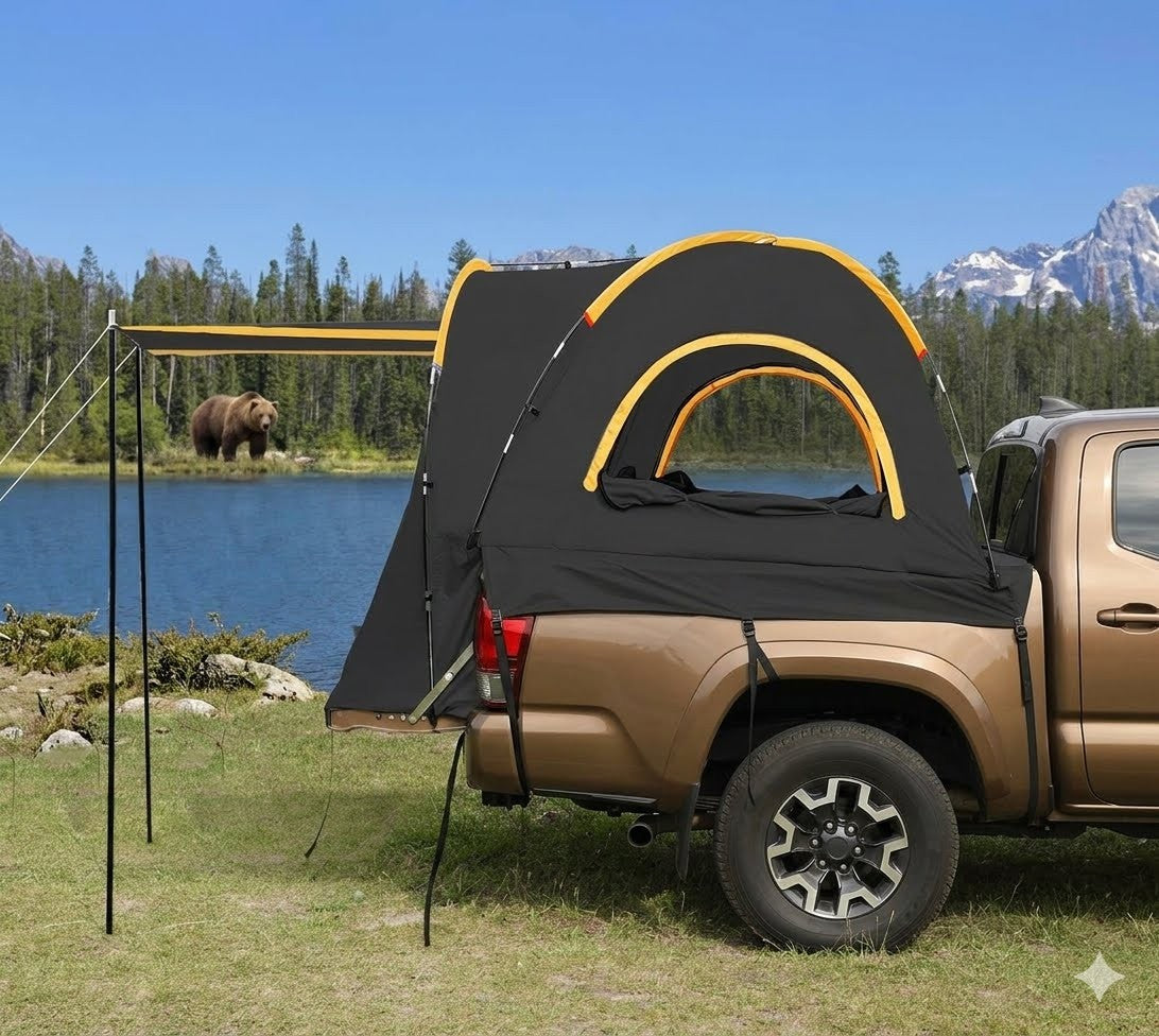 Black and orange truck bed tent attached to a brown pickup truck with a scenic background of water and mountains.