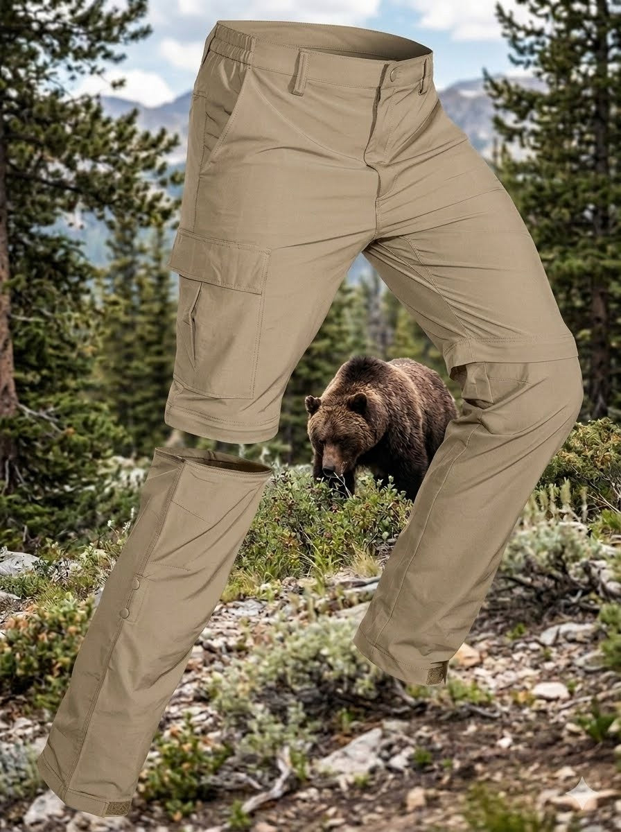 Tan pants worn by a person with a bear in a forest setting Big Green Bear