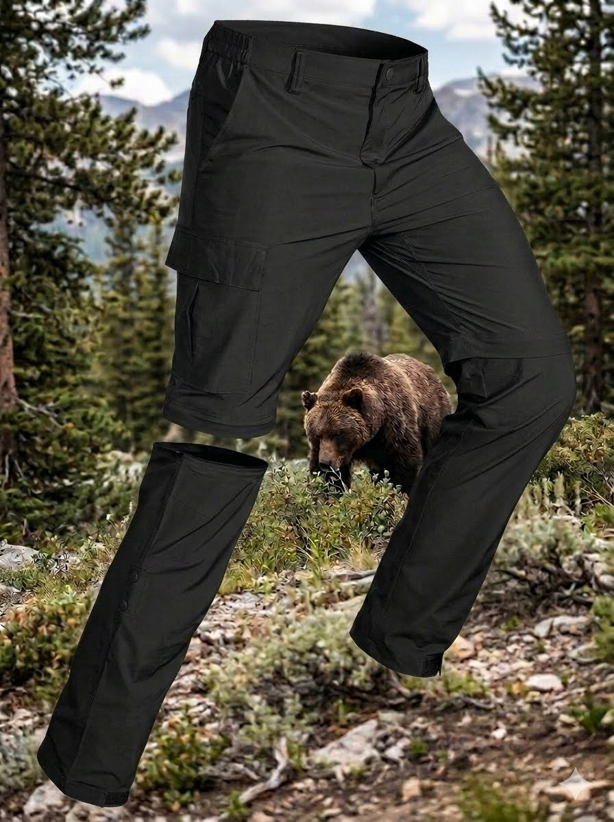 Black pants displayed in a natural outdoor setting with a bear in the background Big Green Bear