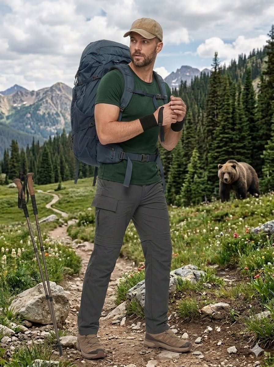 Man hiking with a bear in the background in a mountainous area