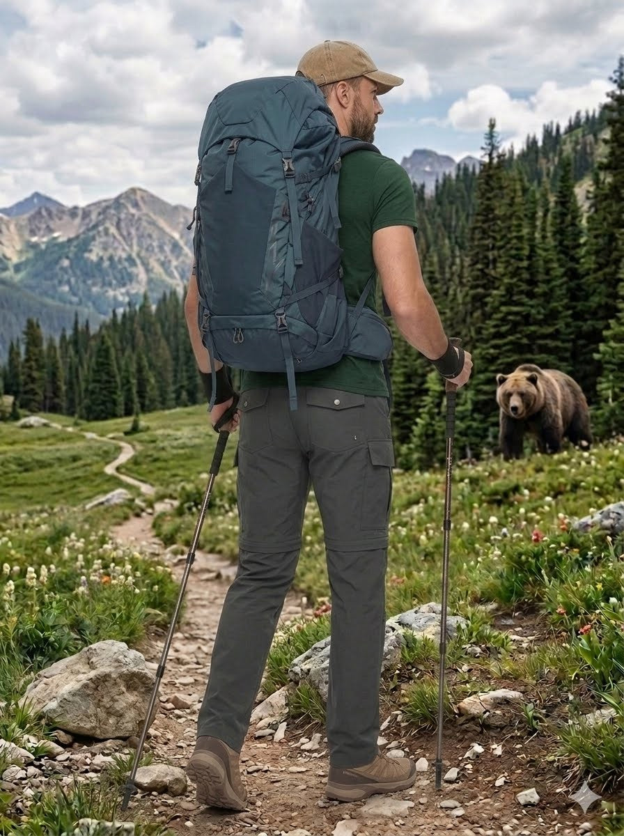 Man with a large backpack hiking in a mountainous area with a bear in the background
