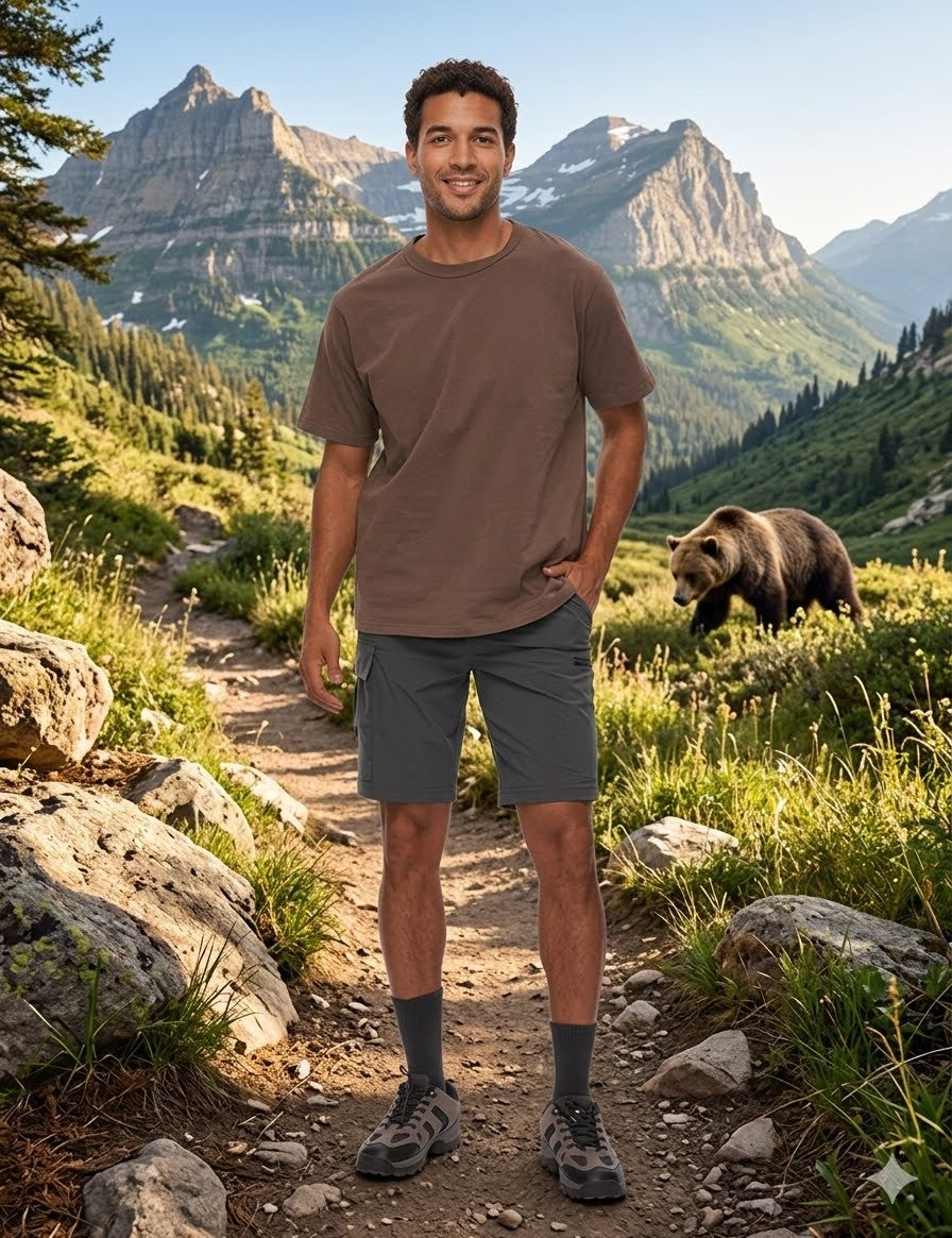Man wearing army green shorts outdoors with bear in the backround