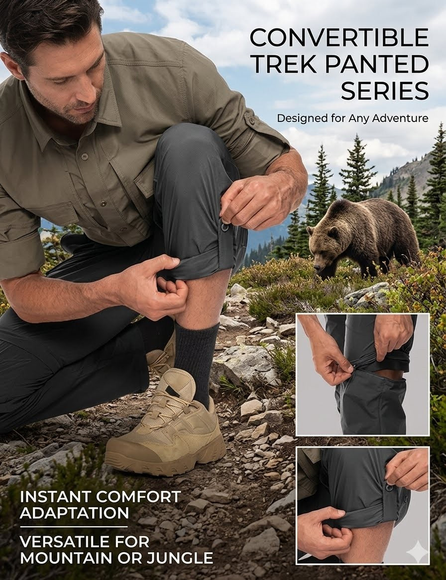 Man in outdoor setting with bear, wearing convertible trek pants, surrounded by nature.