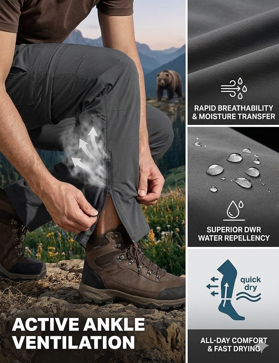 Person wearing hiking pants with mountain and bear background, highlighting features like rapid breathability, water repellency, and active ankle ventilation.