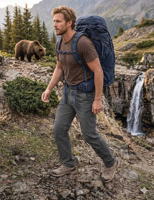Man hiking with a large backpack in a mountainous area with a bear and waterfall in the background. Biggreenbear.com