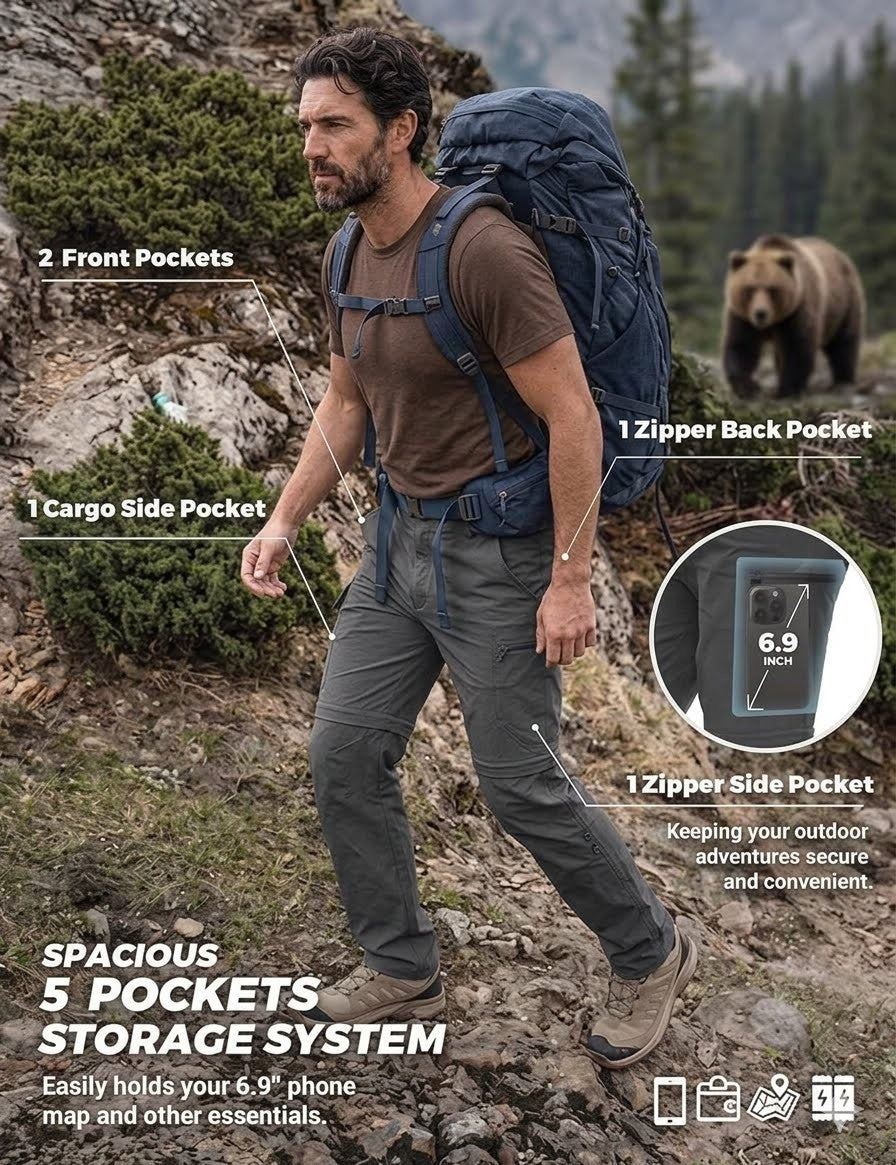 Man hiking with a backpack in a mountainous area, highlighting backpack features.
