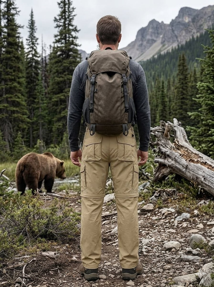 Person wearing a backpack in a forest with a bear in the background