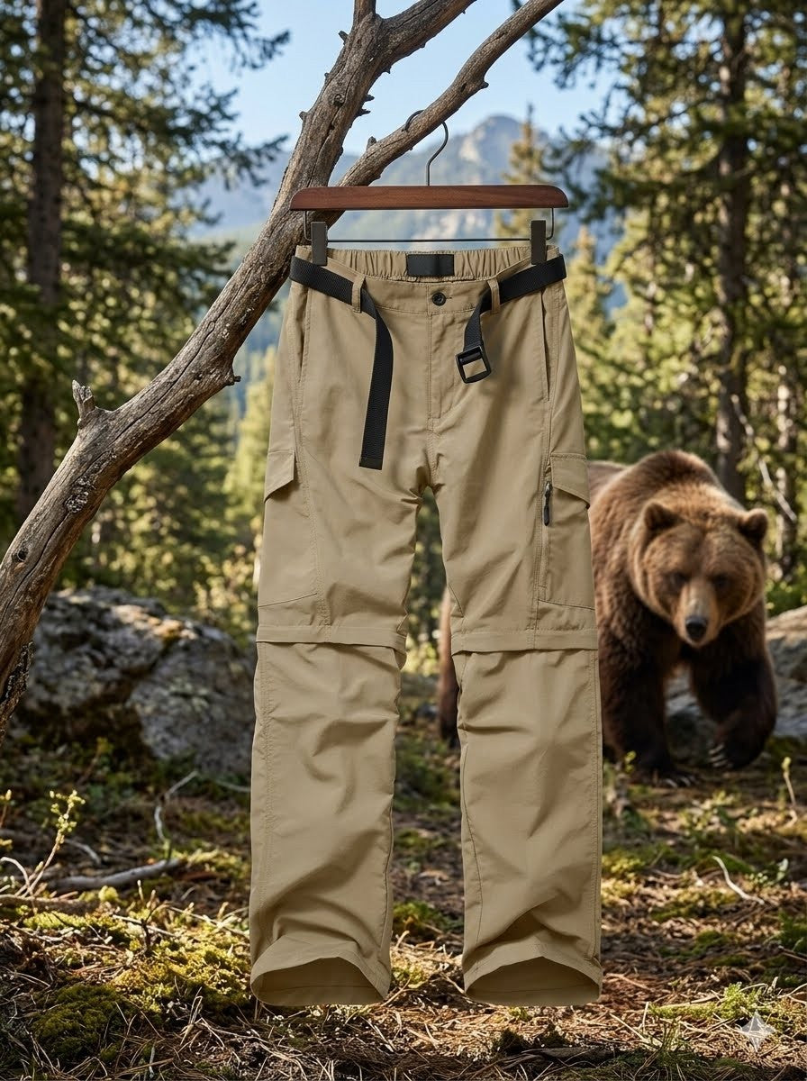 Khaki pants hanging on a tree branch with a bear in the background Biggreenbear.com