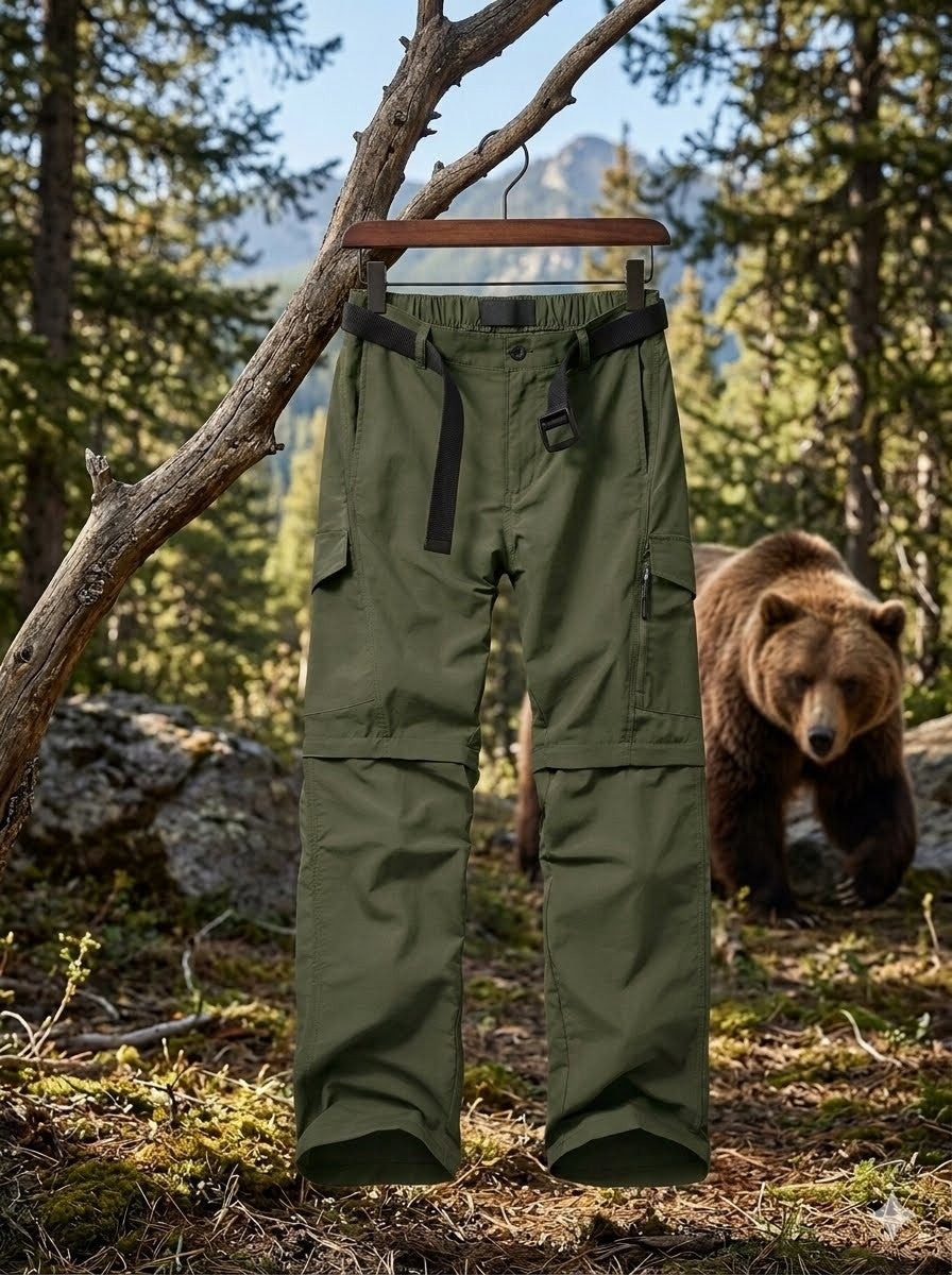 Green cargo pants hanging on a tree branch with a bear in the background biggreenbear.com