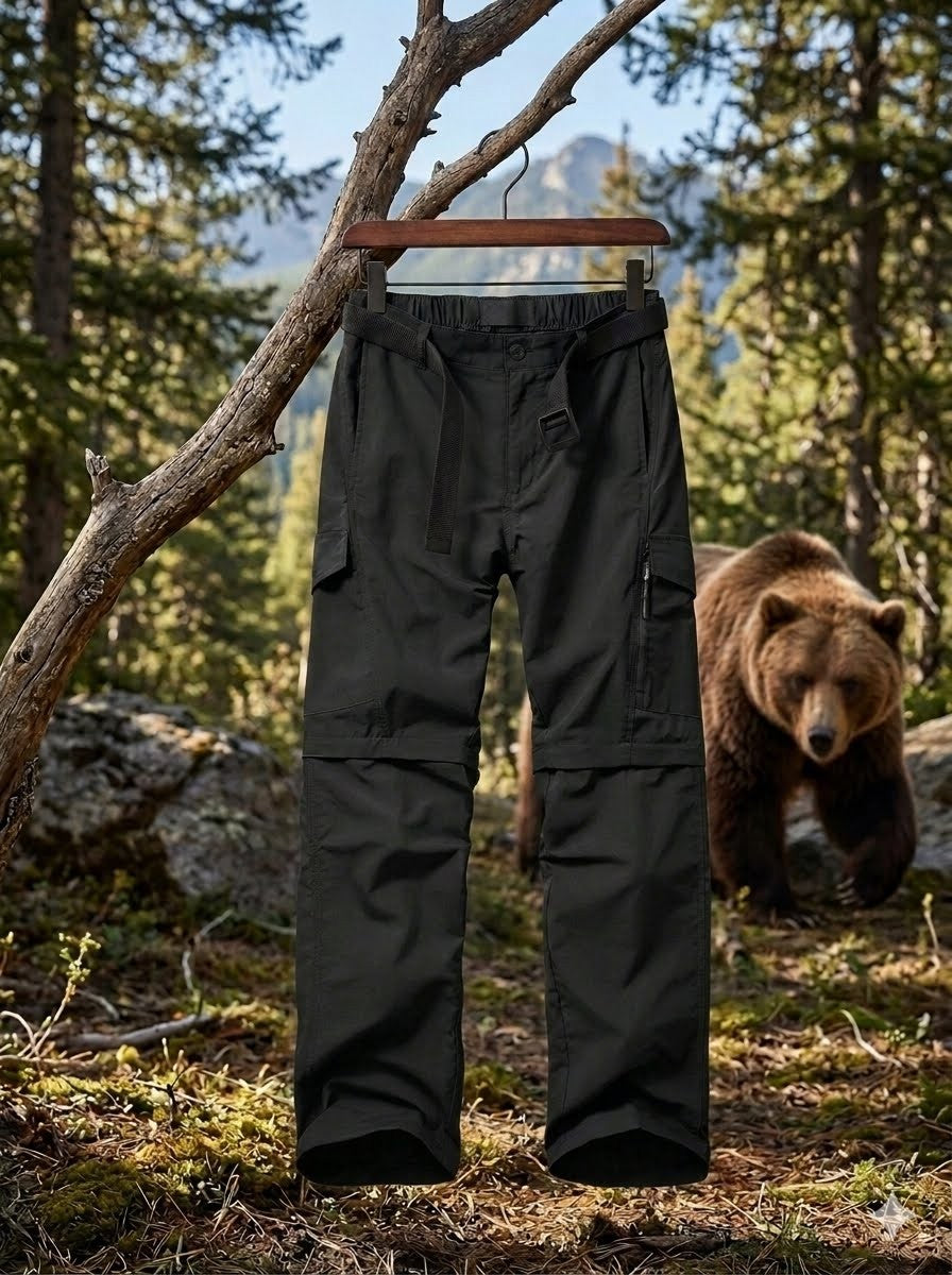 Black pants hanging on a tree branch with a bear in the background biggreenbear.com