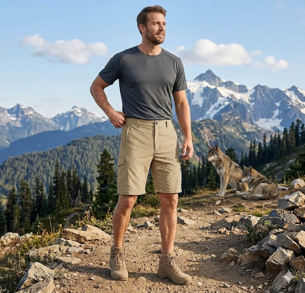 Man standing on a mountain trail with mountains and a wolf in the background