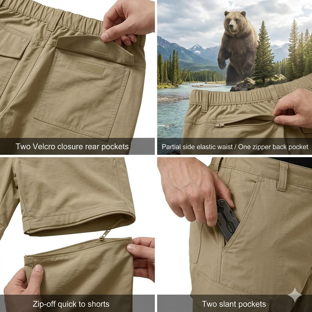 Beige shorts with multiple features highlighted, including Velcro closure pockets and an elastic waistband.