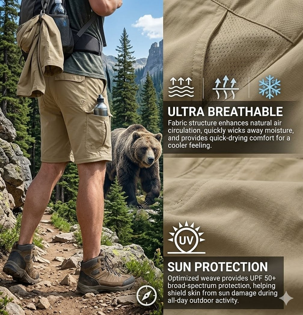 Person wearing beige shorts with a bear in the background, highlighting ultra-breathable and sun protection features.
