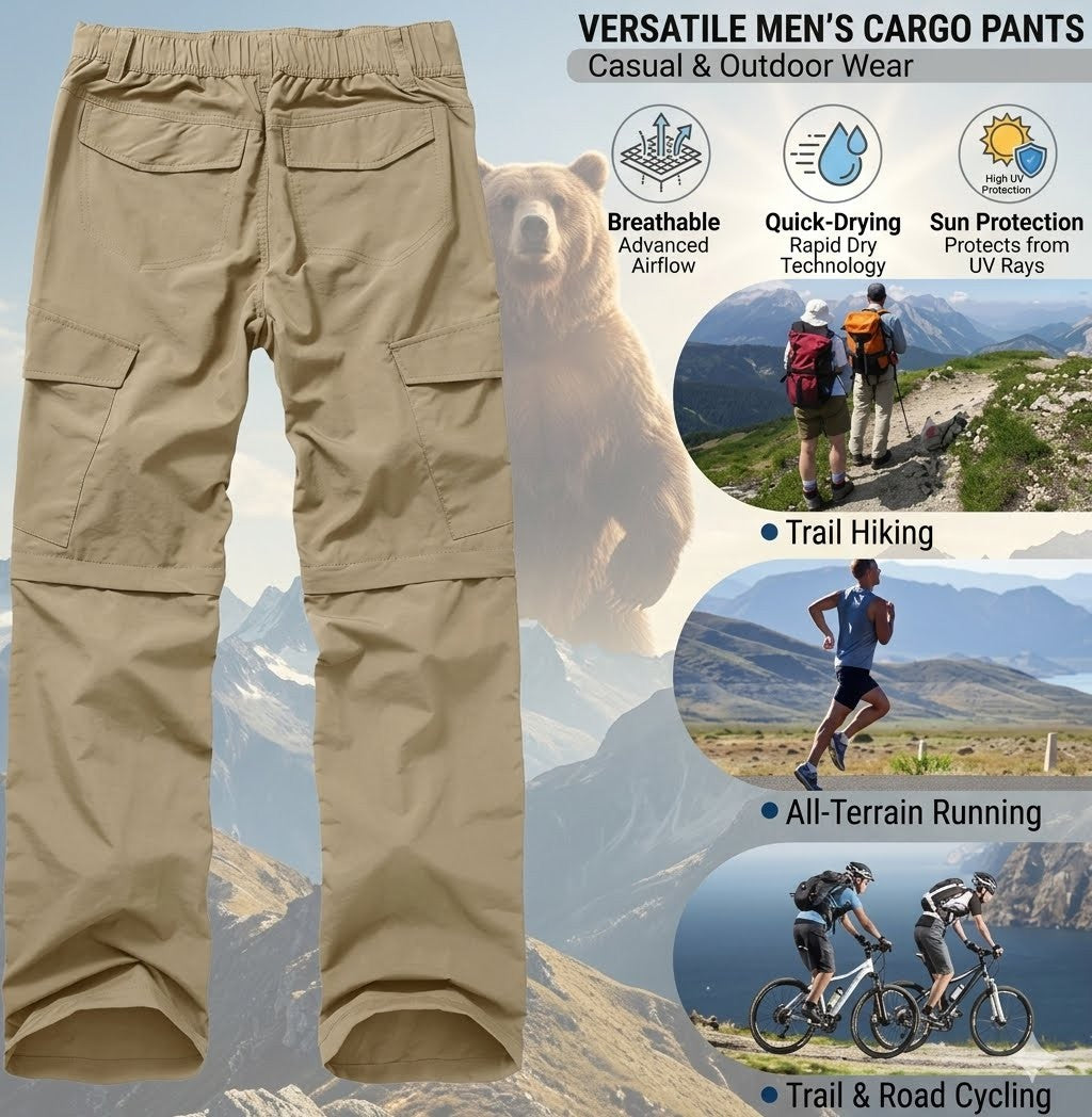 Beige cargo pants with outdoor activities and mountain background