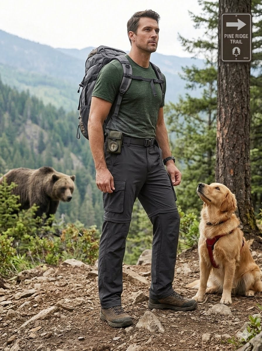 Man with a backpack standing on a trail with a bear and dog in the background big green bear