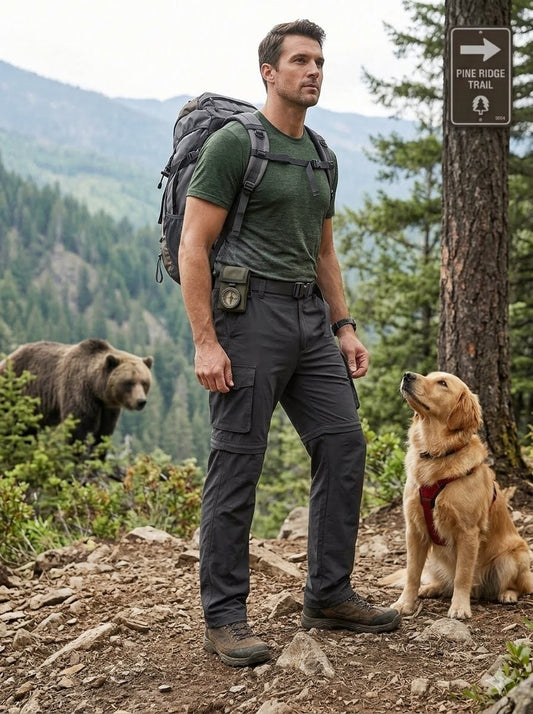 Man with a backpack standing on a trail with a bear and dog in the background big green bear