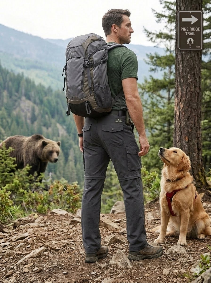 Man with a backpack and dog standing on a trail with a bear in the background