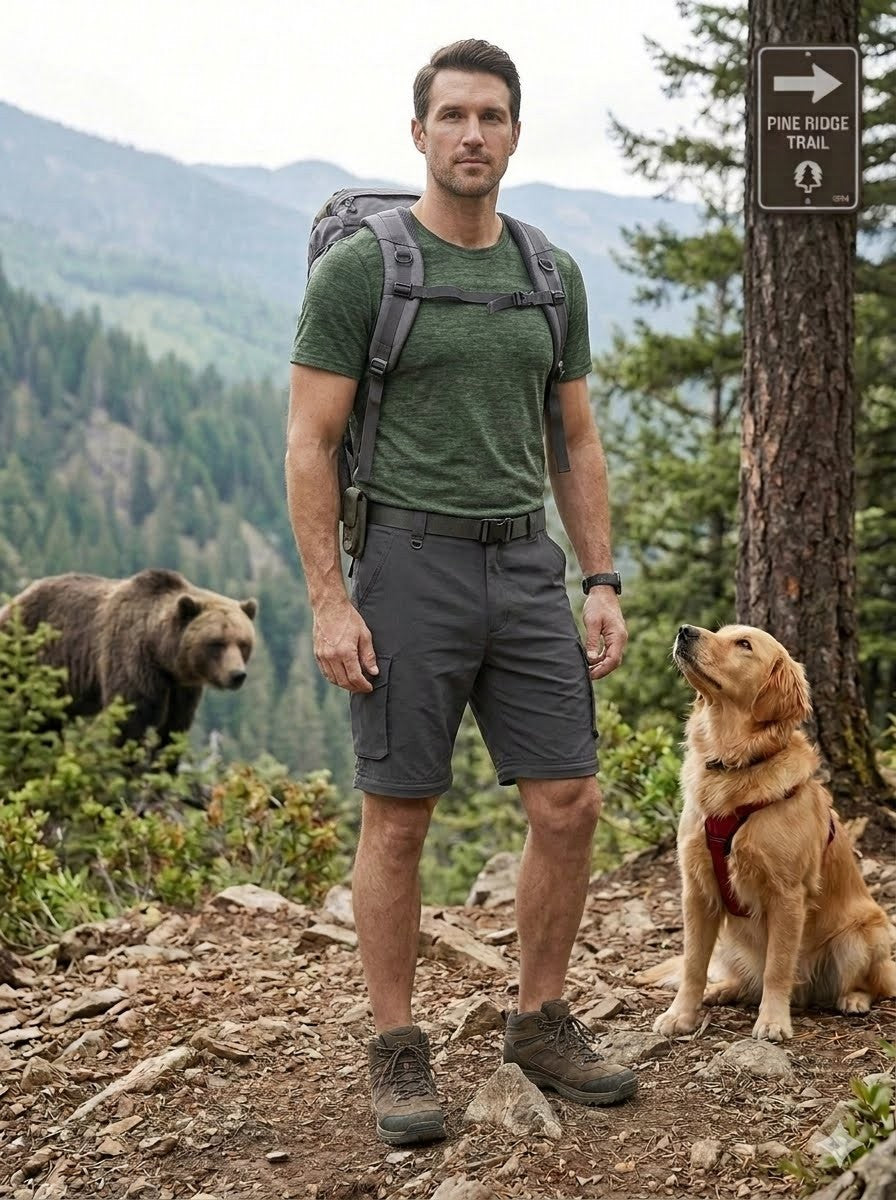 Man with a backpack and dog on a hiking trail with a bear in the background
