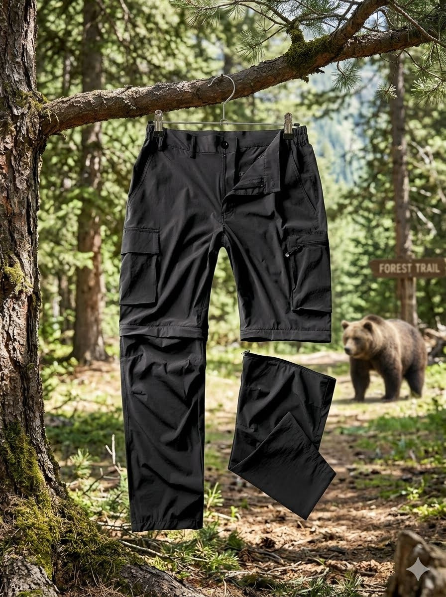 Black tactical pants hanging on a tree branch with a bear in the background biggreenbear.com