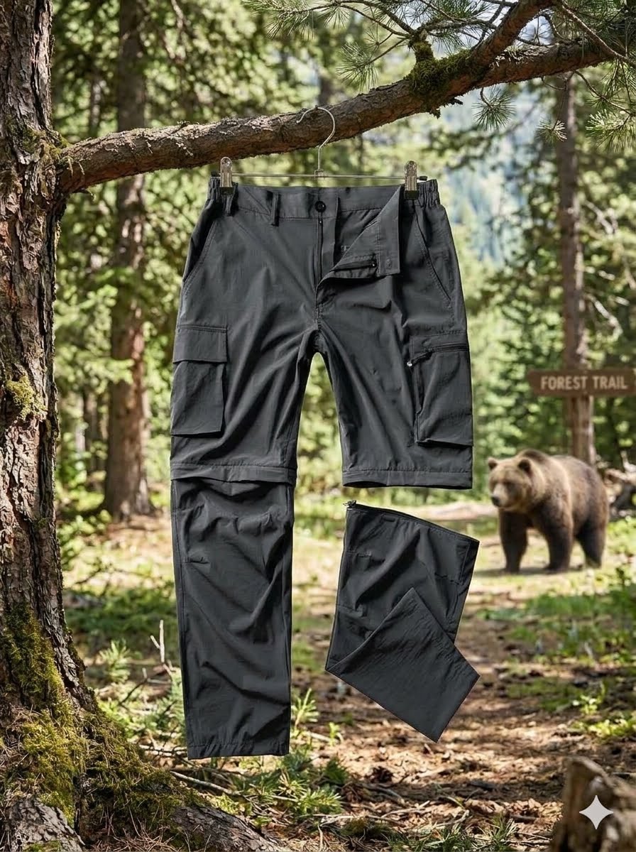 Black pants hanging on a tree branch with a bear and forest trail sign in the background biggreenbear.com