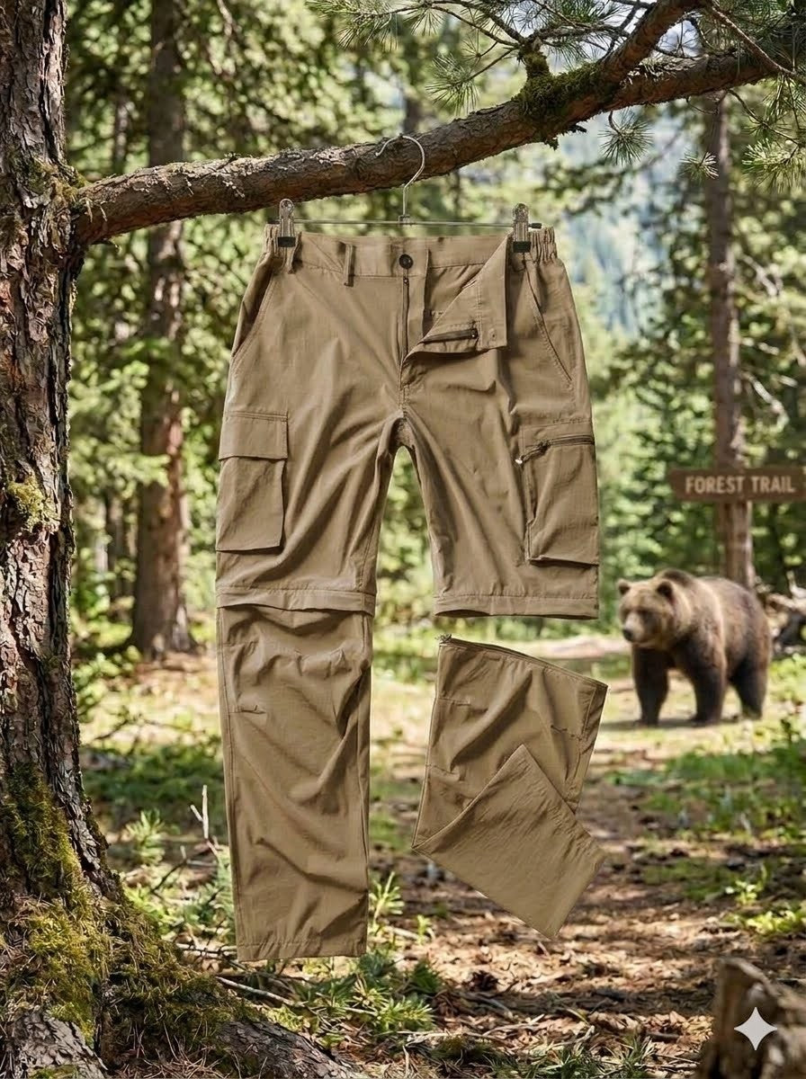 Khaki pants hanging from a tree with a bear in the background in a forest  setting big green bear