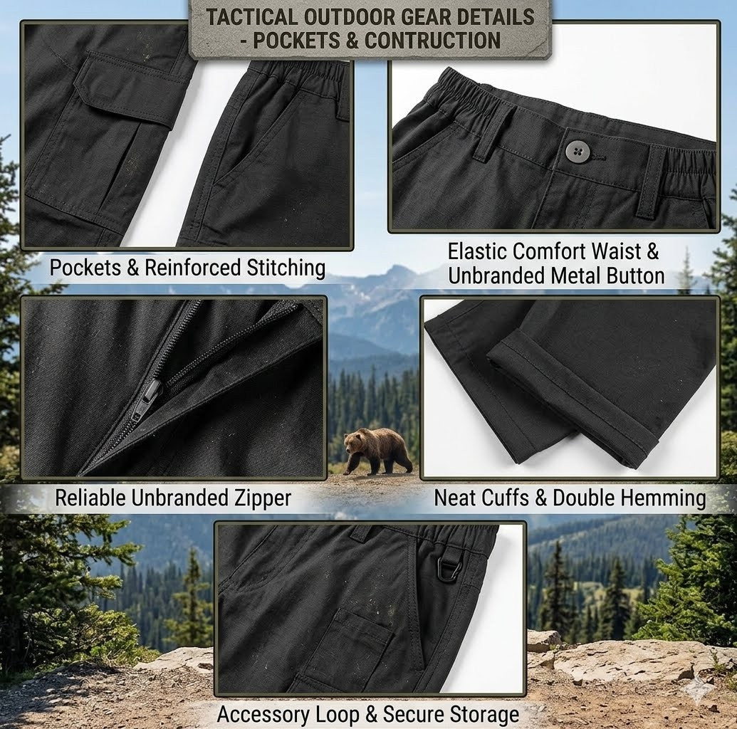 Black tactical pants with various details shown against a mountainous background.